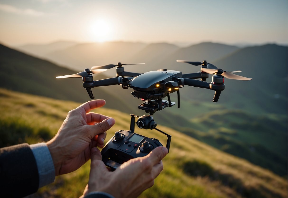 A drone hovers above a picturesque landscape, capturing aerial footage. A remote controller is held by a person off-camera