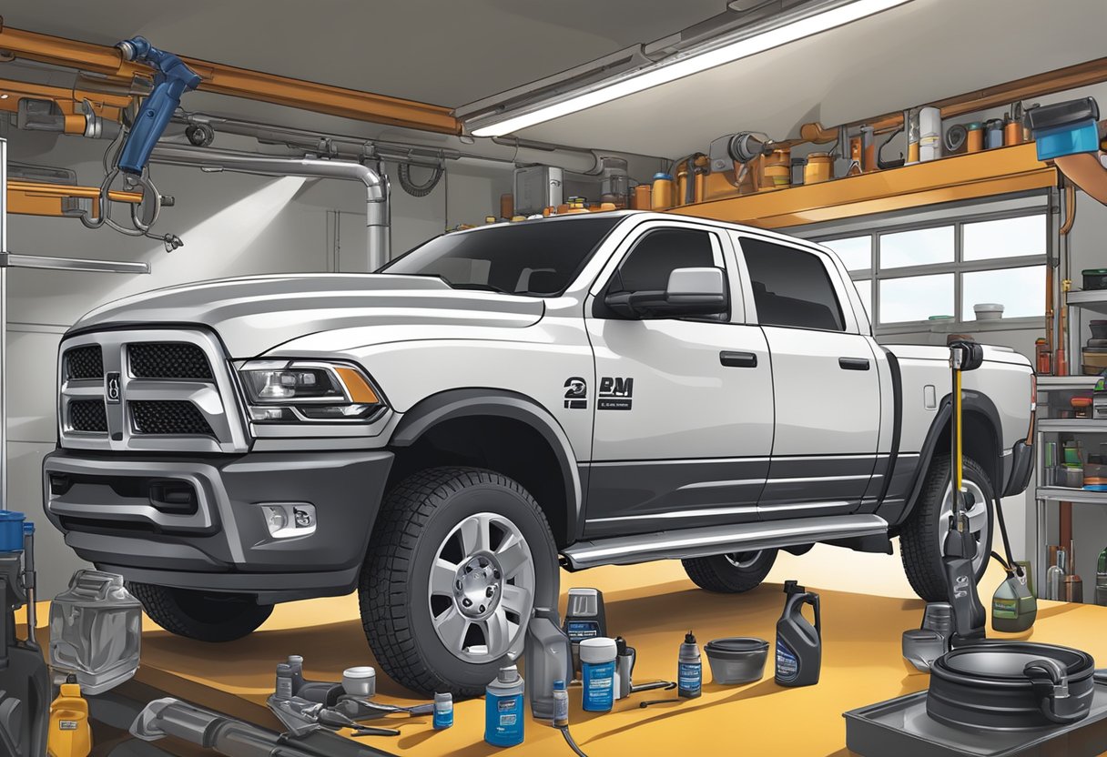 A mechanic pours Ram 2500 oil into the engine, surrounded by various fluids and lubricants on a workbench