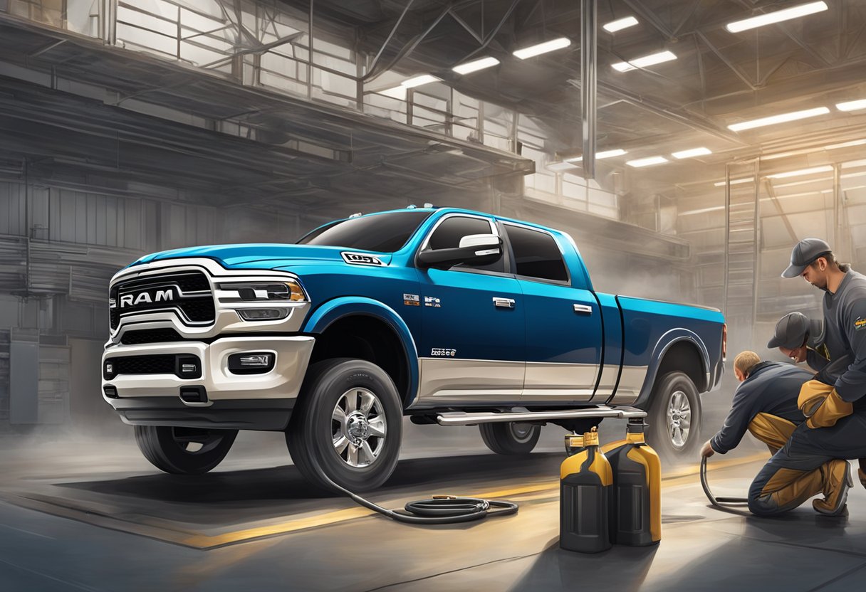 The Ram 2500 truck receiving performance upgrades with a mechanic pouring the recommended oil type into the engine