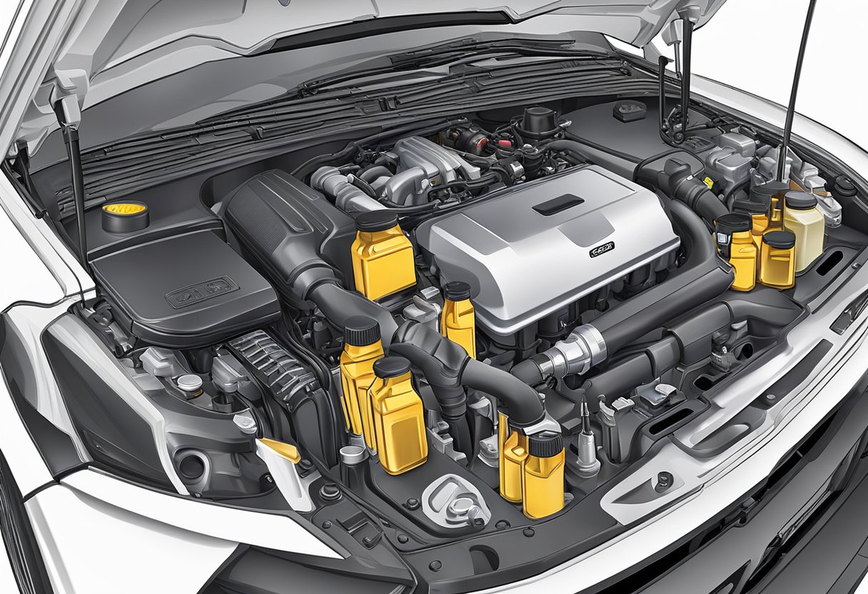 A mechanic pours synthetic 5W-20 oil into a Ram 2500 engine, with various oil containers and the truck's hood open