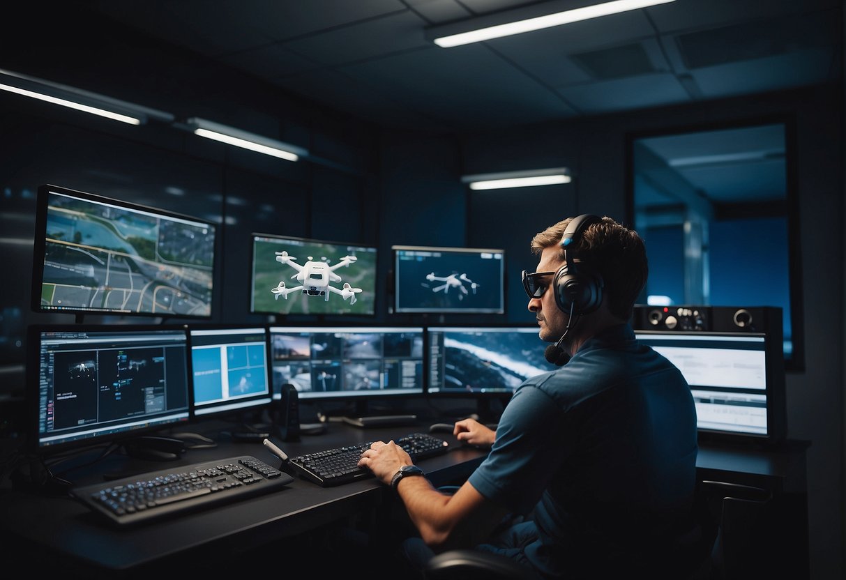 A drone operator sitting at a control station, surrounded by screens and equipment, operating a drone in a remote location
