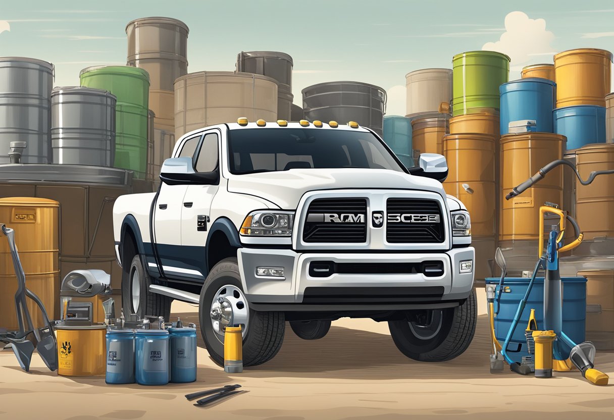 The scene depicts a Ram 3500 truck with an open hood, surrounded by oil containers and maintenance tools. The maintenance schedule is displayed prominently on a clipboard next to the vehicle