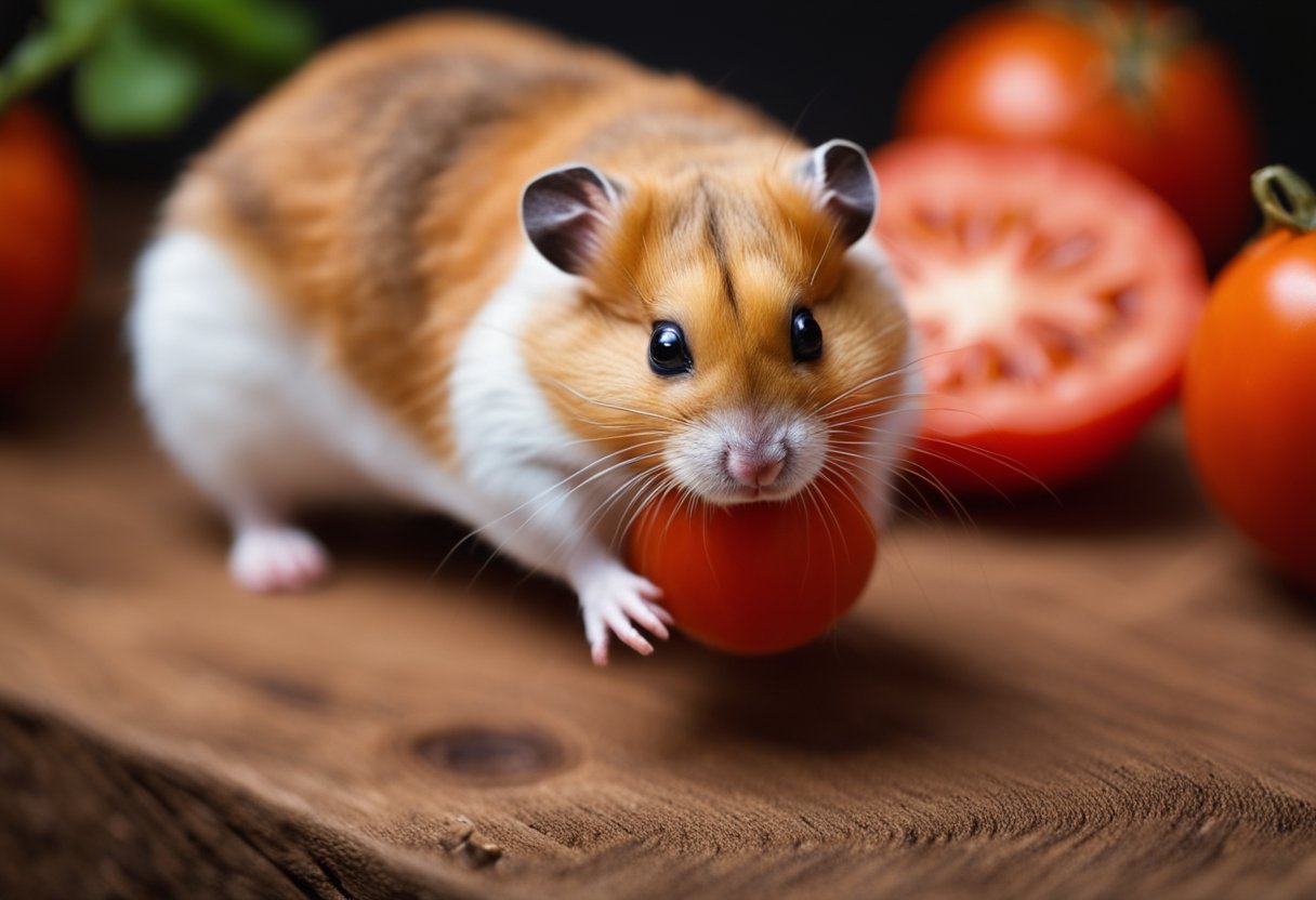 A hamster nibbles on a ripe tomato, its tiny paws holding the fruit steady as it takes small, eager bites