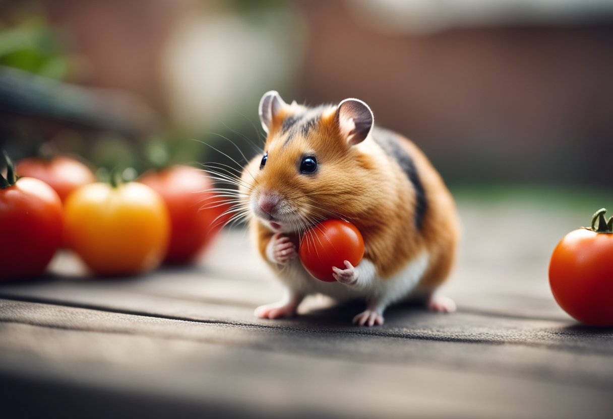 A hamster with a tomato in its paws, sniffing and nibbling on it