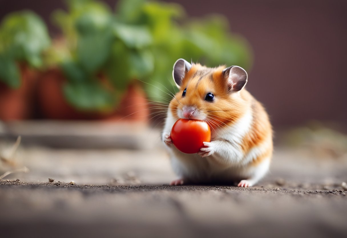 A hamster is nibbling on a bright red tomato, its tiny paws holding the fruit as it munches away