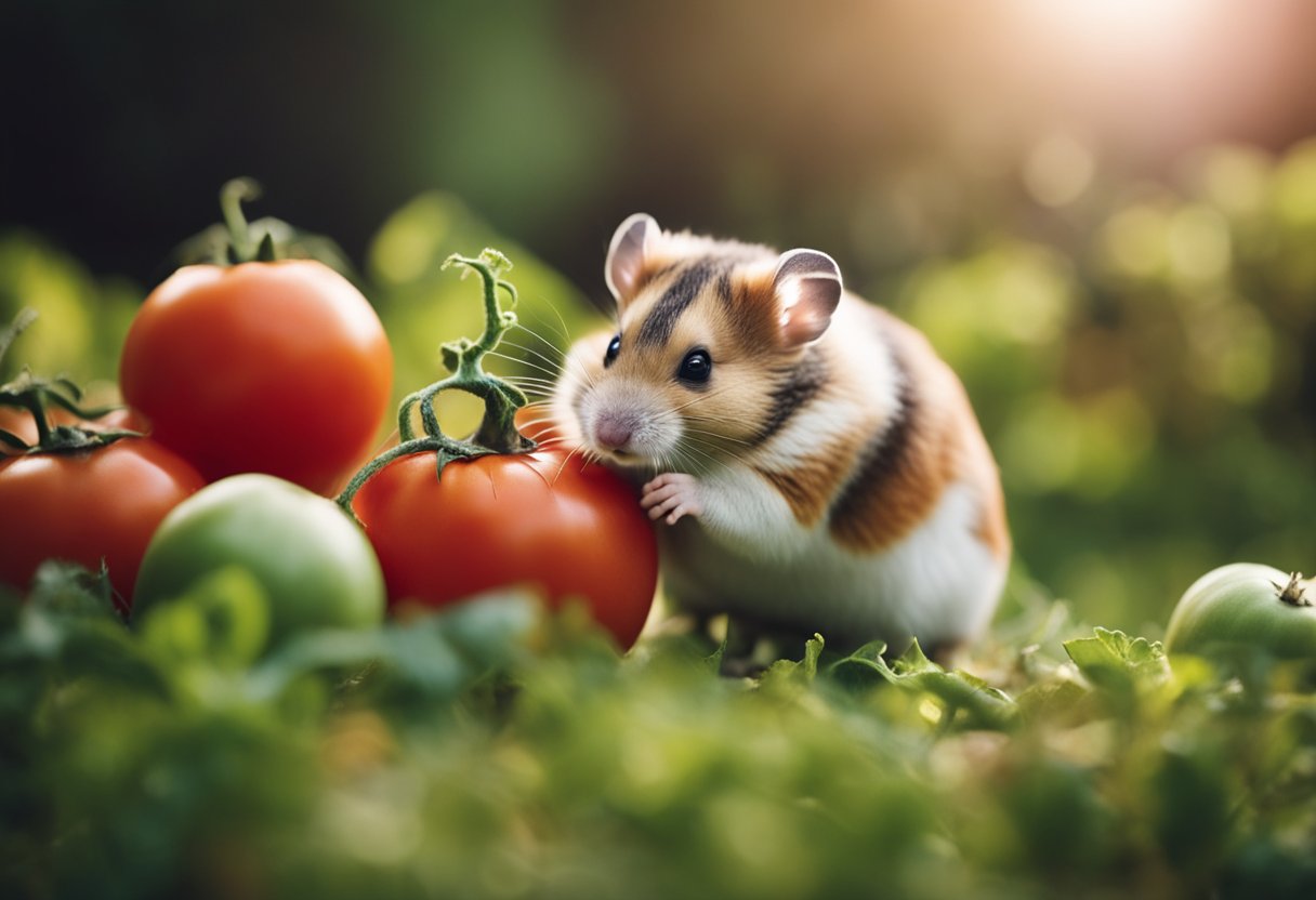 A hamster nibbles on a ripe tomato in its cage
