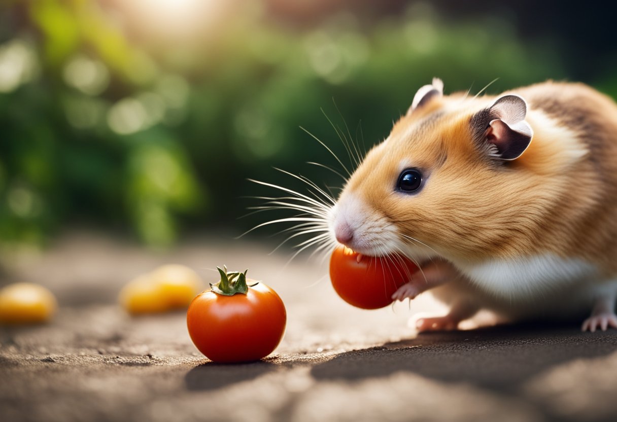 A hamster munches on a ripe tomato, its tiny paws holding the fruit as it nibbles away