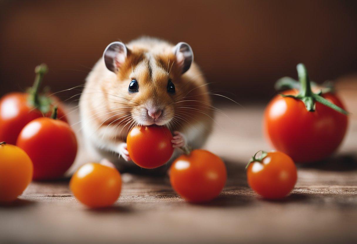 A curious hamster nibbles on a juicy red tomato, while a question mark hovers above its head