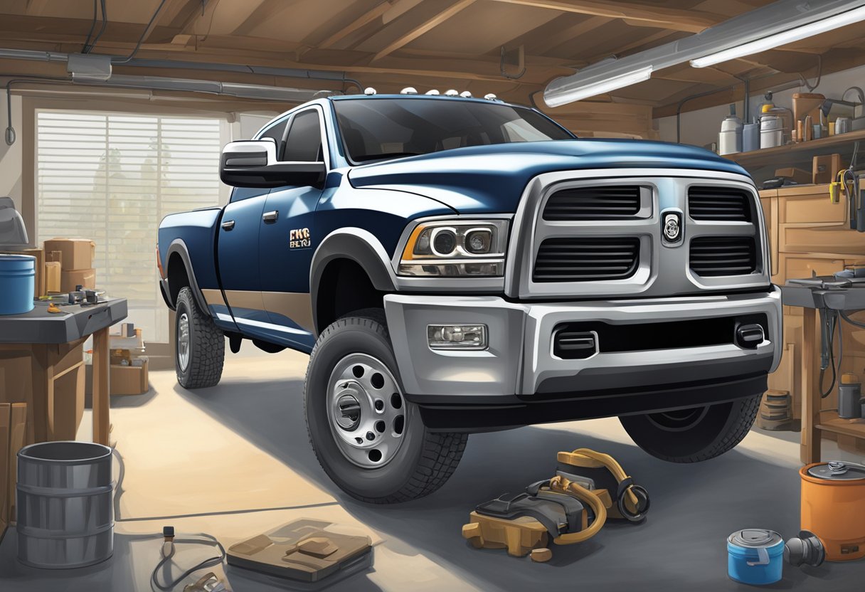 The Ram 3500 truck sits in a garage with its hood open. A mechanic pours oil into the engine, checking the capacity. Nearby, a chart lists common troubleshooting issues