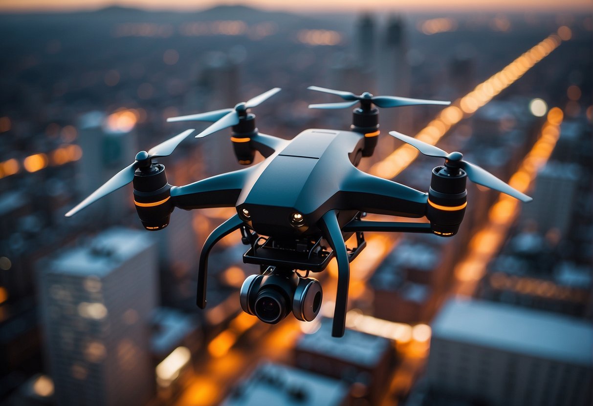 A drone hovers above a bustling city, capturing aerial views. Buildings, roads, and people below are visible