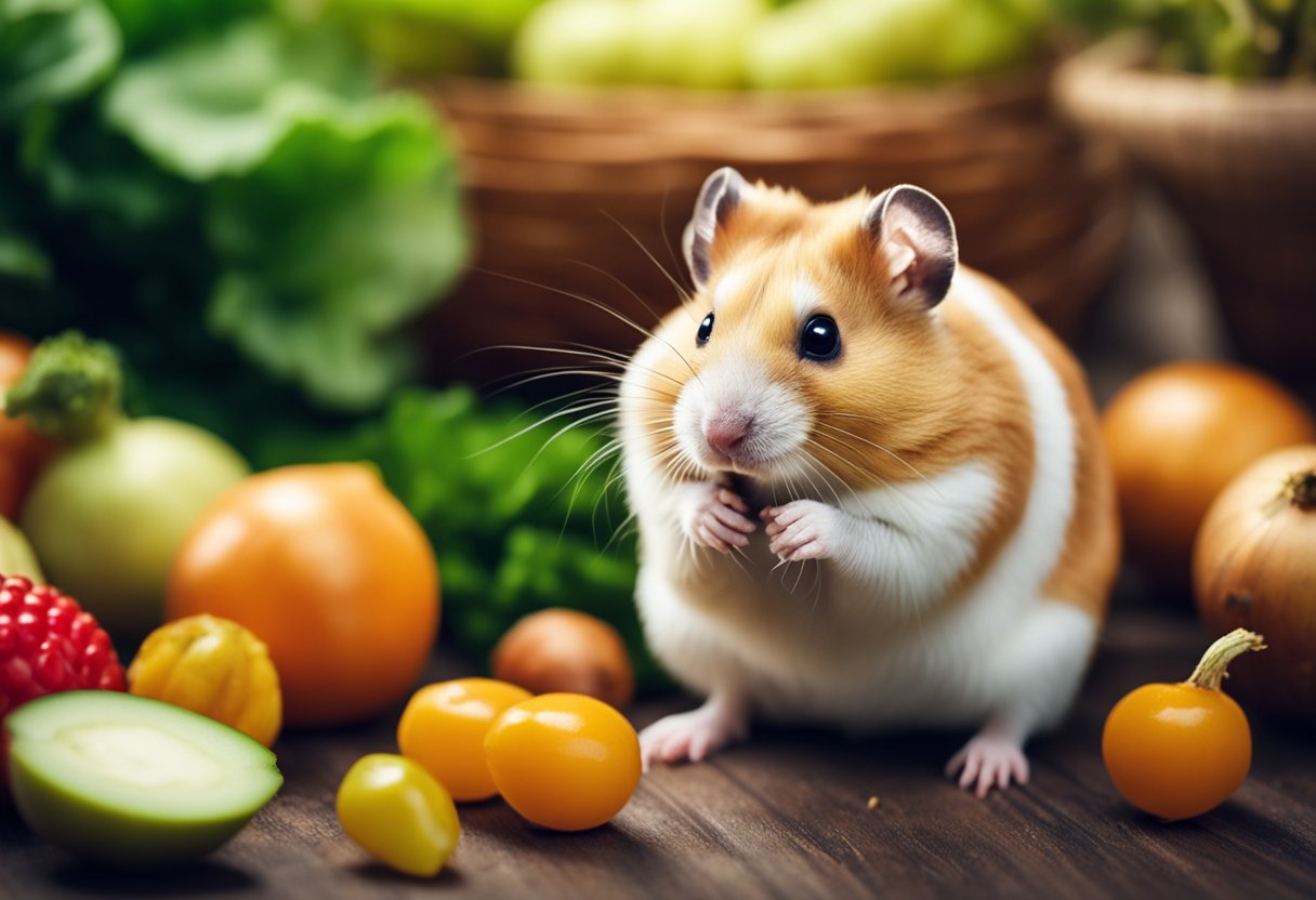 A hamster nibbles on an onion, surrounded by other fruits and vegetables