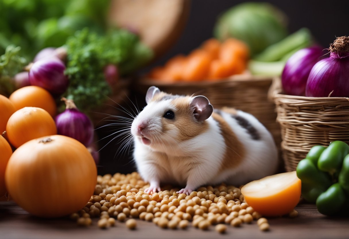 A hamster sits in its cage, surrounded by various food options. Onions are placed next to other vegetables and pellets
