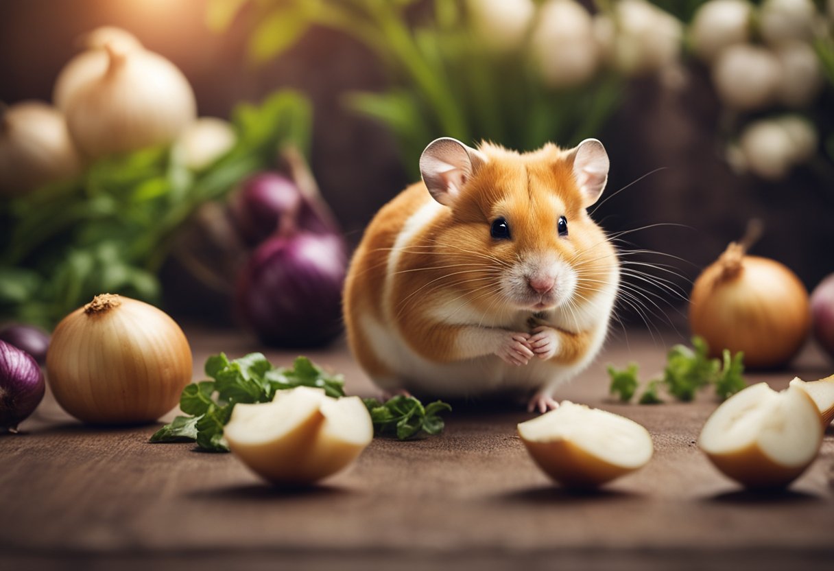 A hamster stands near onions with a puzzled expression. Text reads "Hamster Health: Can hamsters eat onions?"