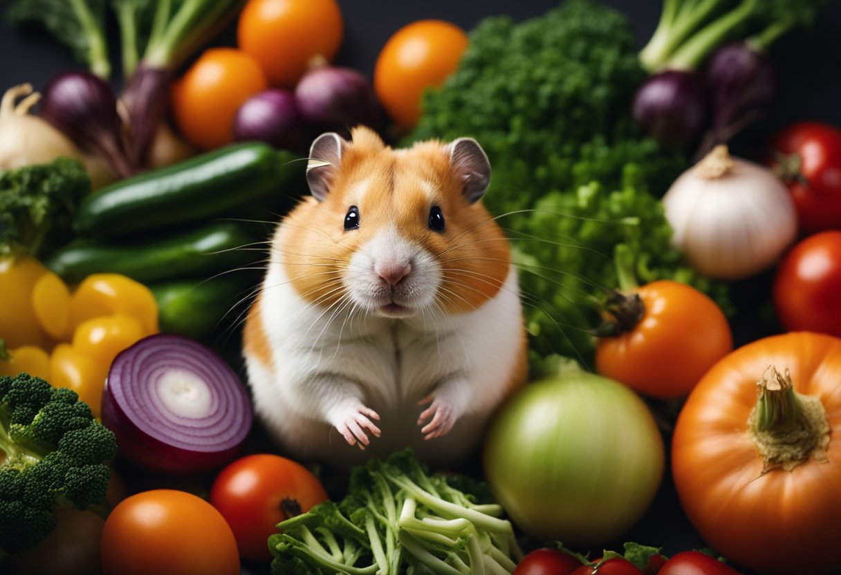 A hamster surrounded by various vegetables, including an onion, with a question mark above its head