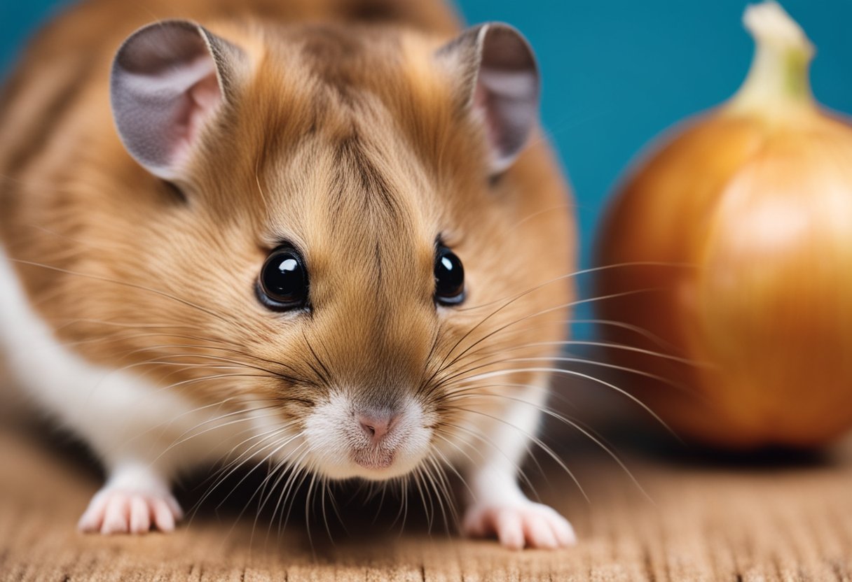 A hamster sniffs an onion, hesitates, then nibbles cautiously