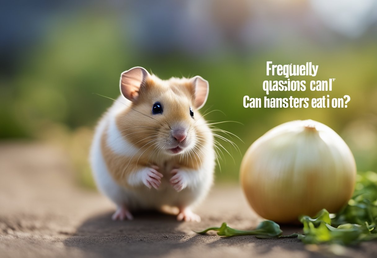 A hamster stands near an onion, looking curious. Text reads "Frequently Asked Questions: Can hamsters eat onion?"