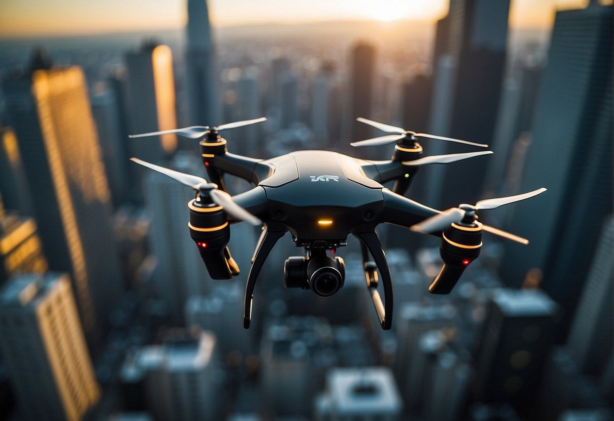 A drone hovers over a bustling city, capturing aerial views of skyscrapers and busy streets, symbolizing the career advancement opportunities for drone operators