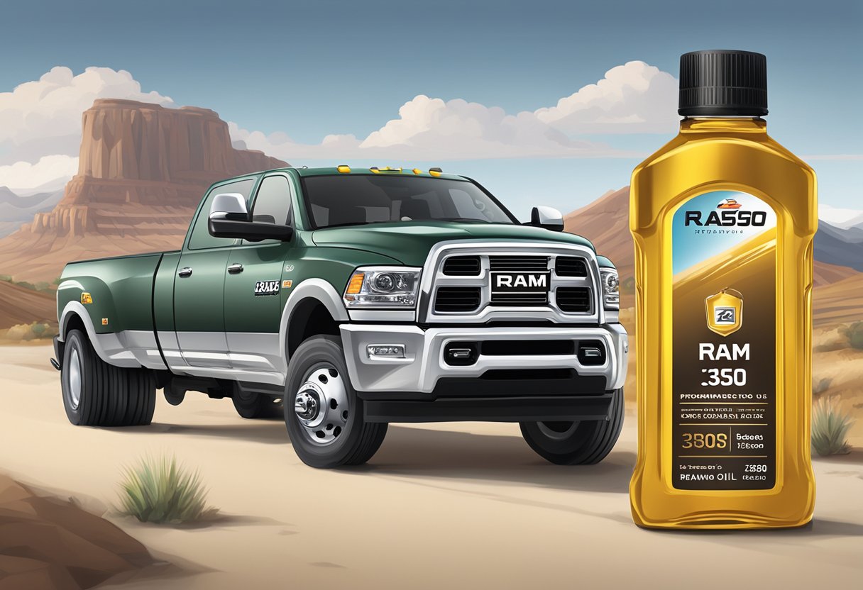 A bottle of recommended oil sits next to a Ram 3500 truck, with the label prominently displaying "Ram 3500 Oil Type."