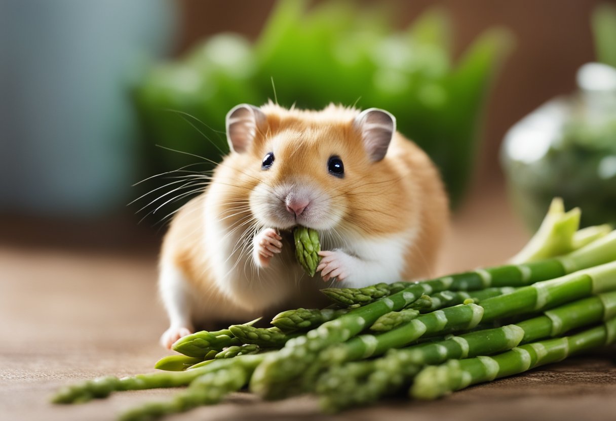 A hamster nibbles on a piece of asparagus, its small paws holding the green stalk as it chews