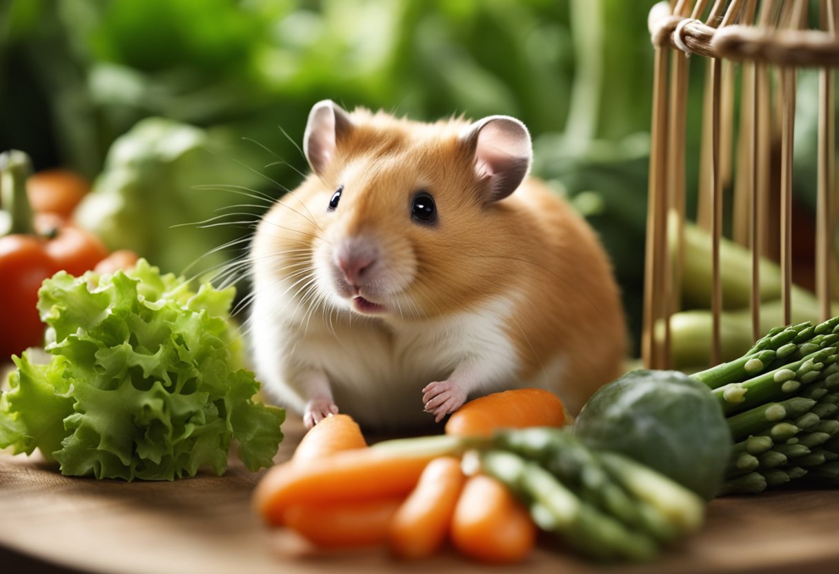 A hamster sits in its cage, surrounded by various vegetables. Asparagus is placed in front of it, while the hamster sniffs and nibbles on the green stalk
