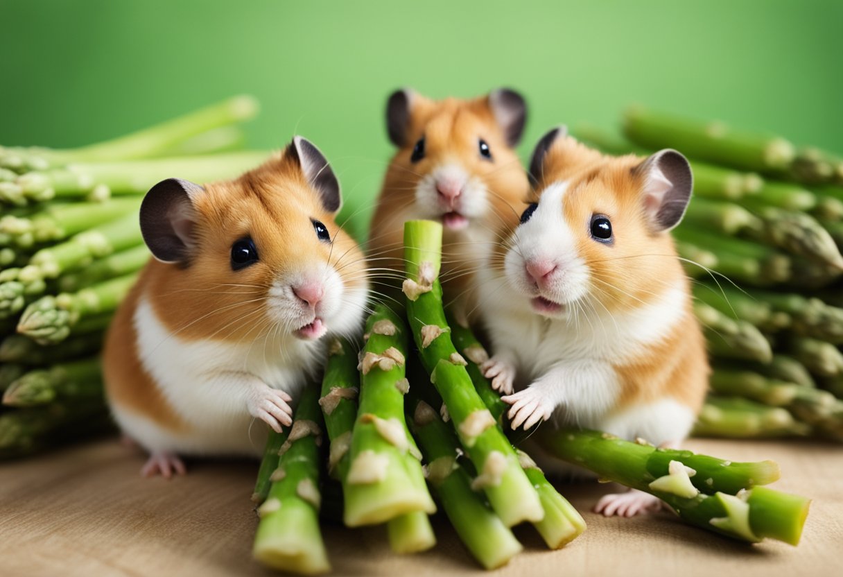 A group of curious hamsters surround a pile of fresh asparagus, sniffing and nibbling at the green stalks