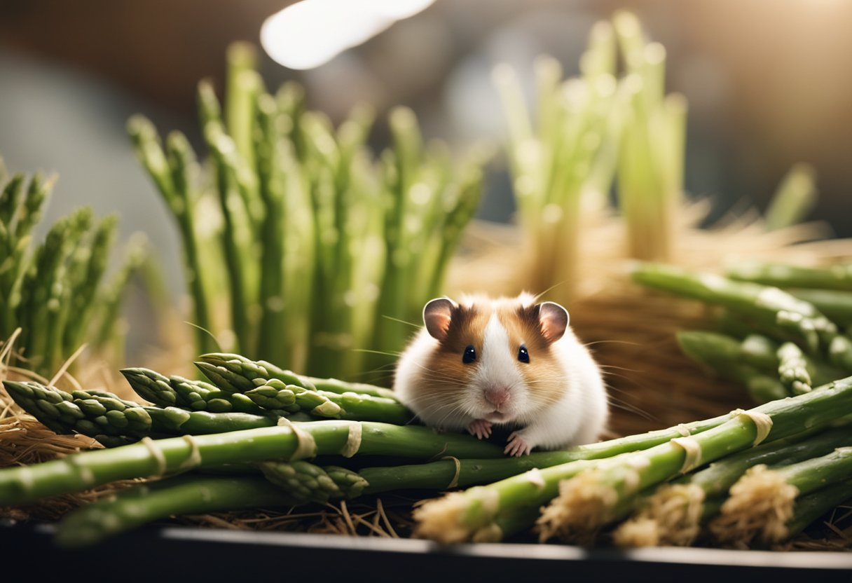 A hamster surrounded by asparagus, hay, and water