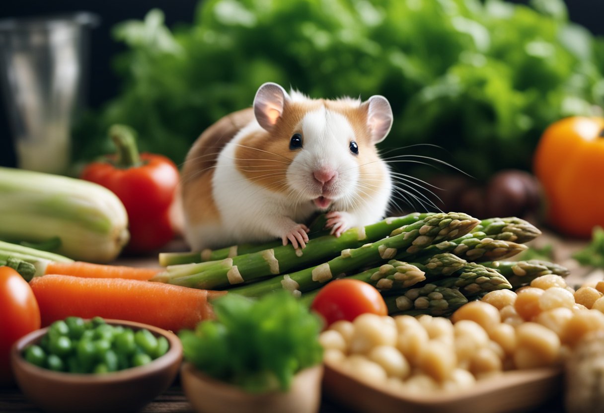 A hamster nibbles on a piece of asparagus, surrounded by a pile of various vegetables