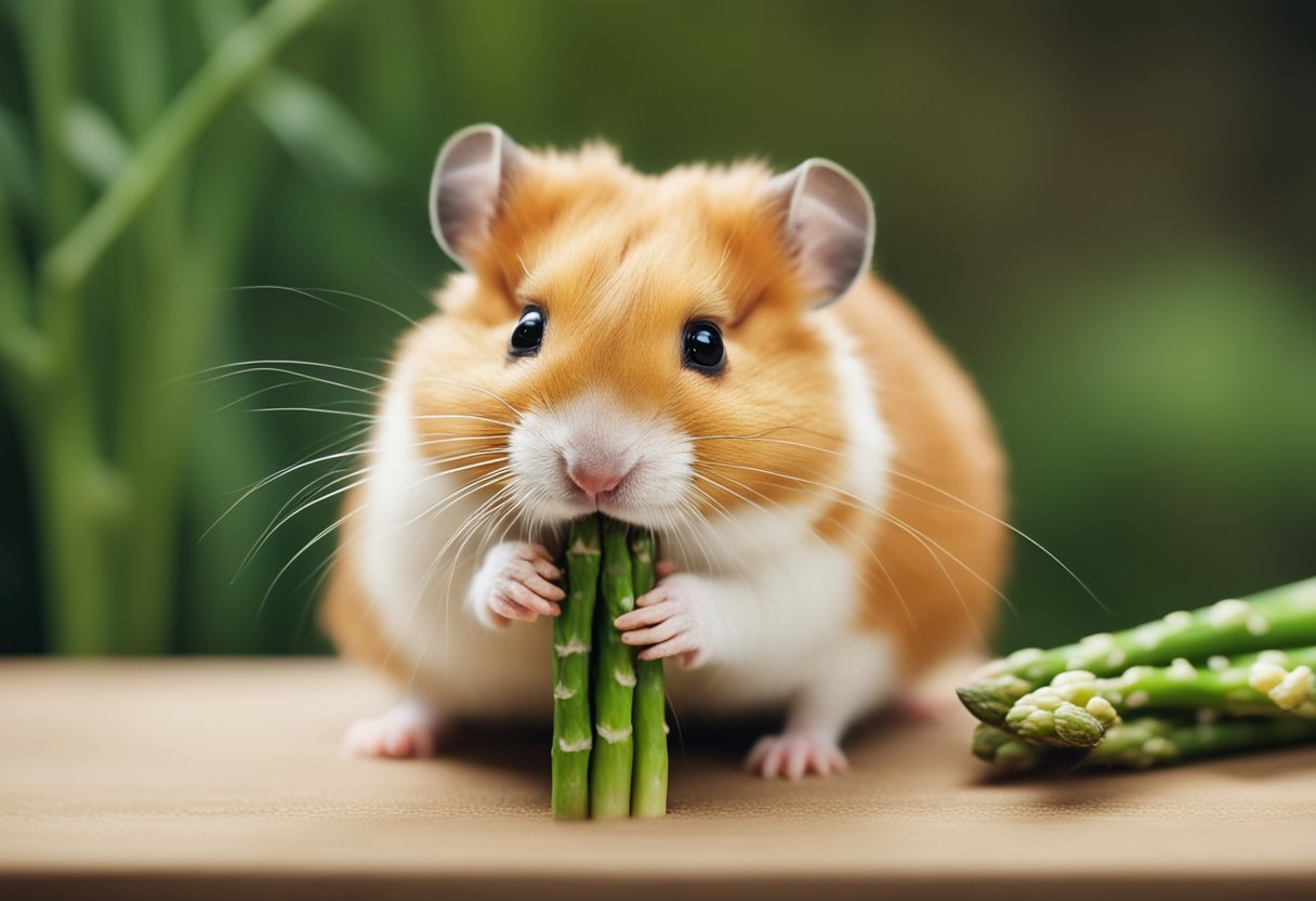 A curious hamster sniffing a piece of asparagus, surrounded by question marks