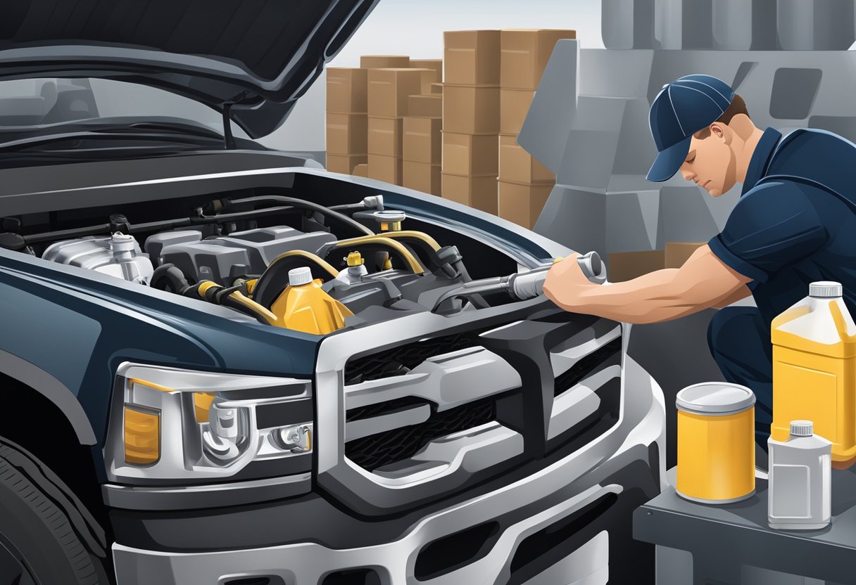 A mechanic pours high-quality oil into a Ram 3500 truck engine, with various oil brand containers displayed in the background