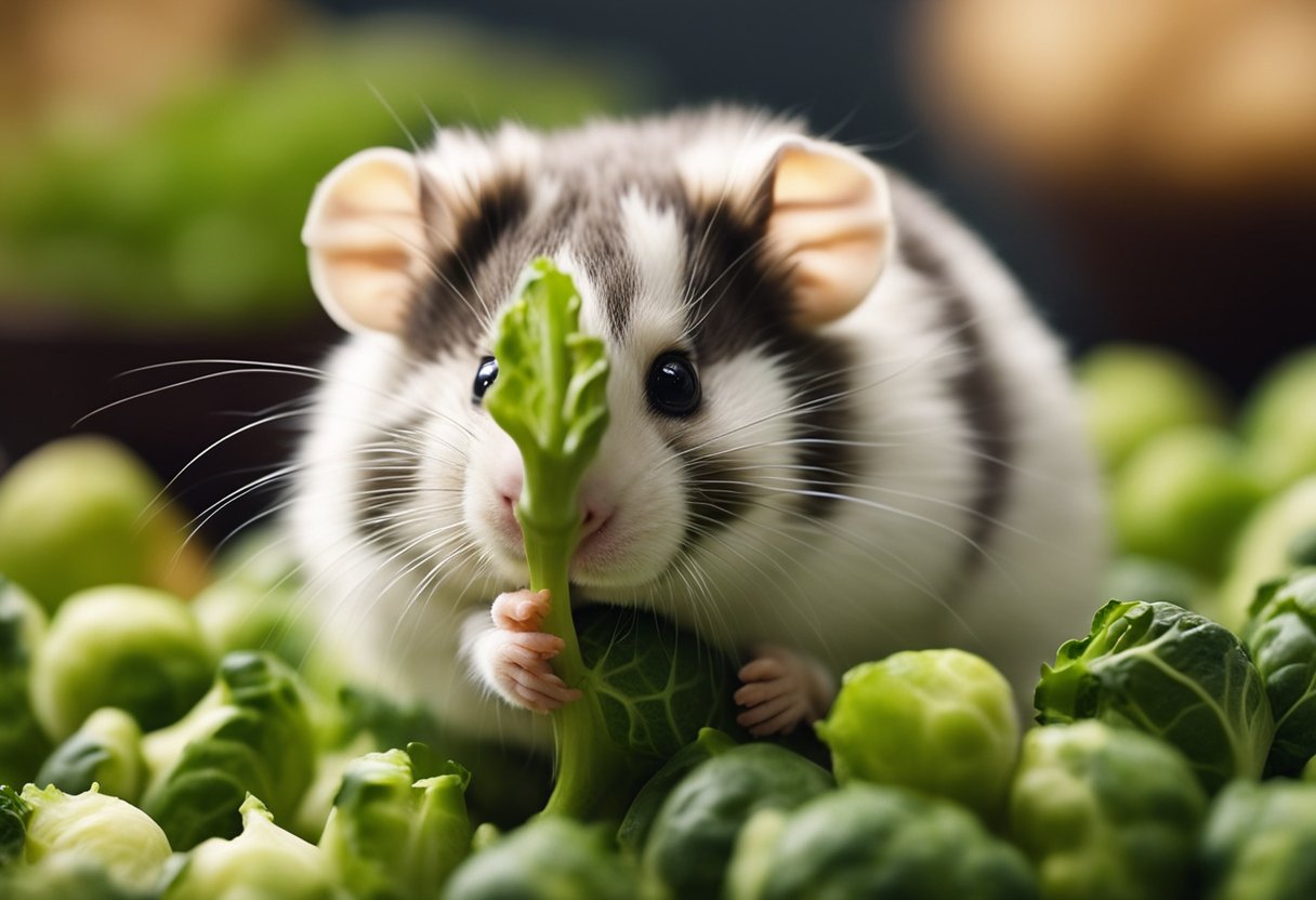 A hamster nibbles on a brussel sprout, its small paws holding the green vegetable as it munches happily