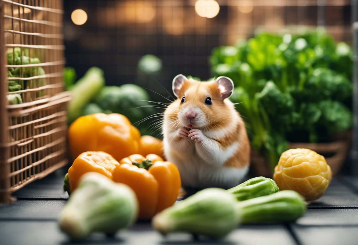A hamster sits in a cage, surrounded by a variety of fresh vegetables. A brussel sprout sits in the corner, untouched