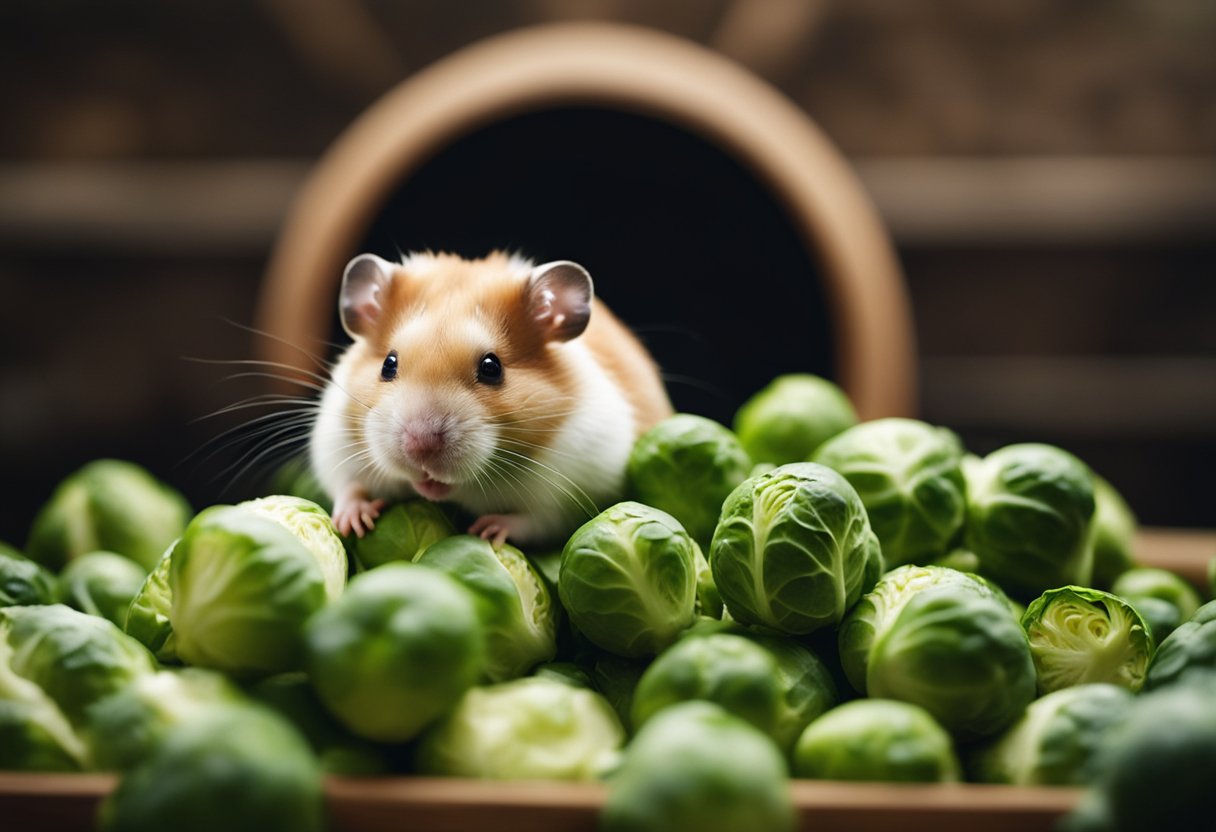 A hamster nibbles on a pile of Brussels sprouts, its cheeks bulging with the green veggies