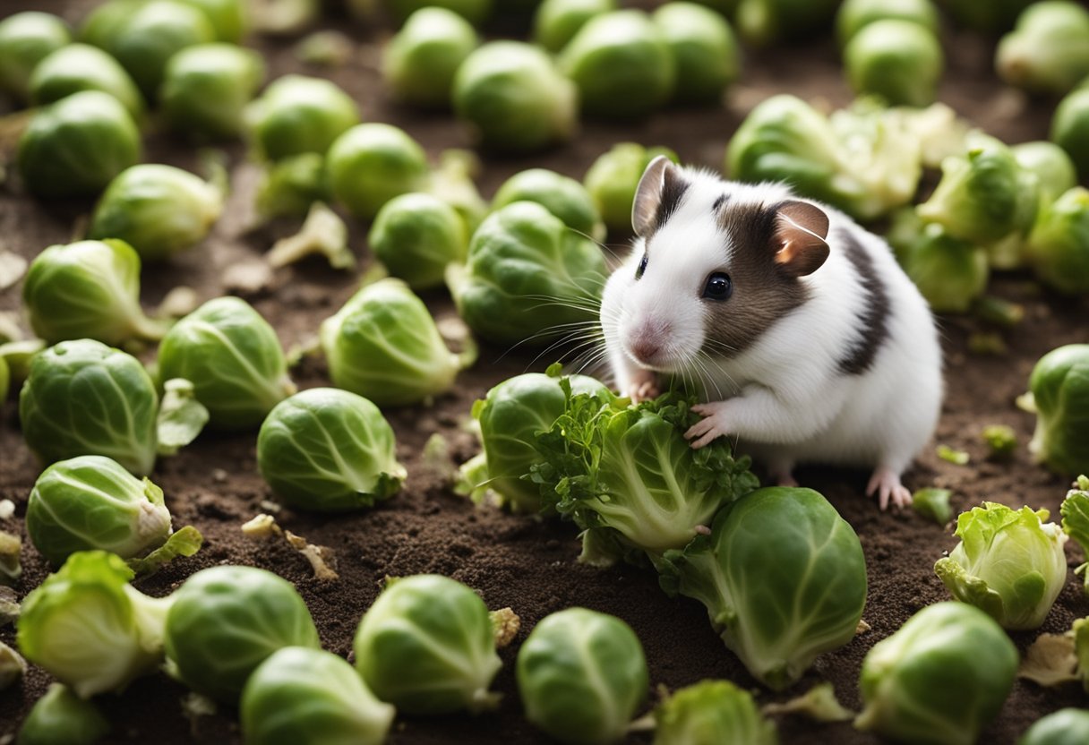 A hamster is surrounded by brussel sprouts, some partially eaten. The hamster is nibbling on a sprout with curiosity