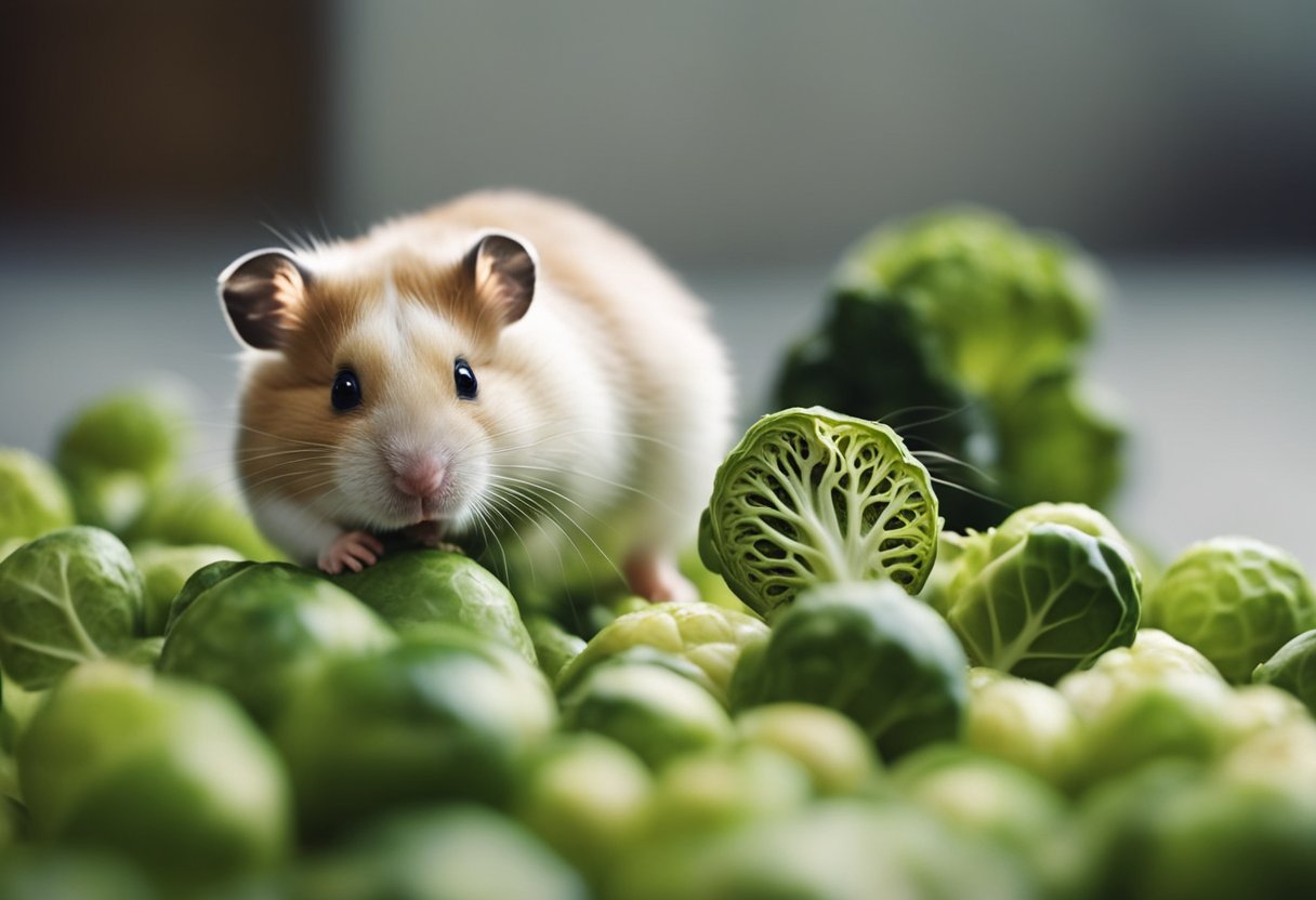 A hamster sniffs a brussel sprout, nibbling cautiously
