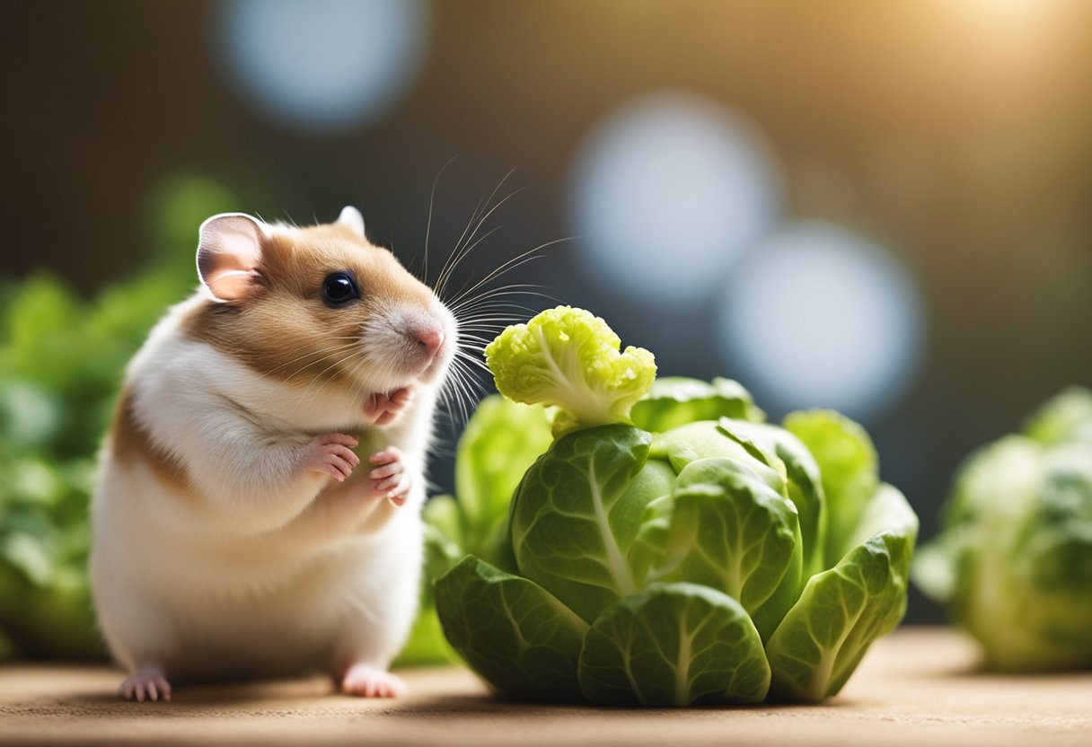 A hamster eagerly munches on a brussel sprout, while a thought bubble above its head shows a question mark and the words "Can hamsters eat brussel sprouts?"