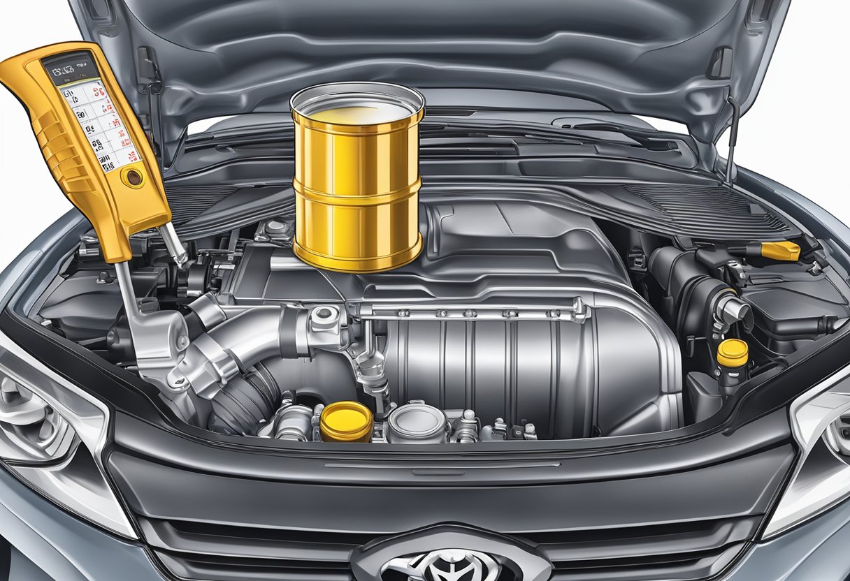 A Toyota RAV4 engine with an open oil cap and a measuring tool showing the correct oil capacity level