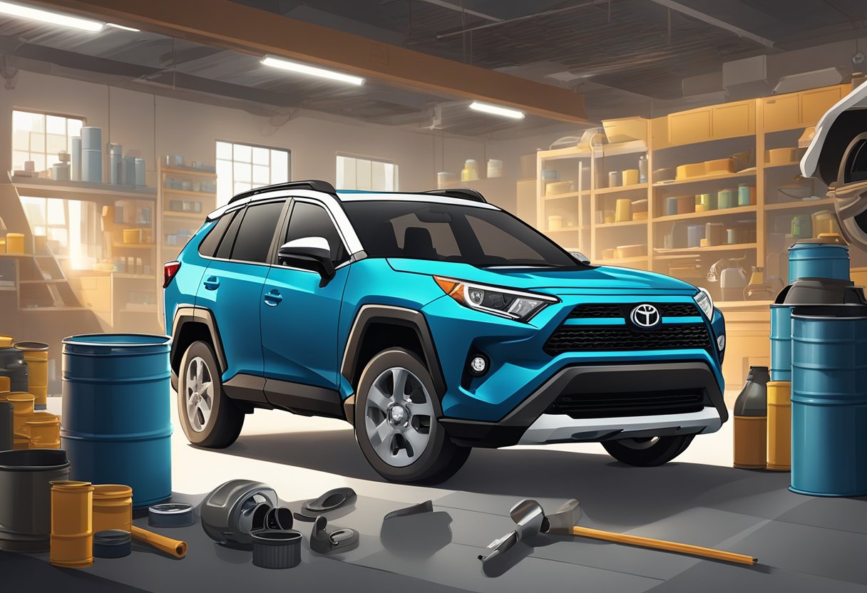 A Toyota RAV4 sits in a garage, surrounded by oil cans and tools. The hood is open, and a mechanic is checking the oil level with a dipstick