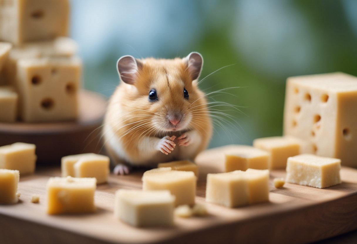 A hamster nibbles on a block of tofu, its small paws holding the food as it chews