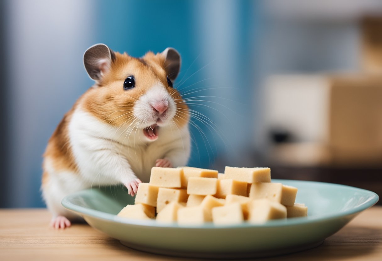A hamster sits next to a bowl of tofu, sniffing it cautiously. The hamster looks curious but hesitant about trying the new food