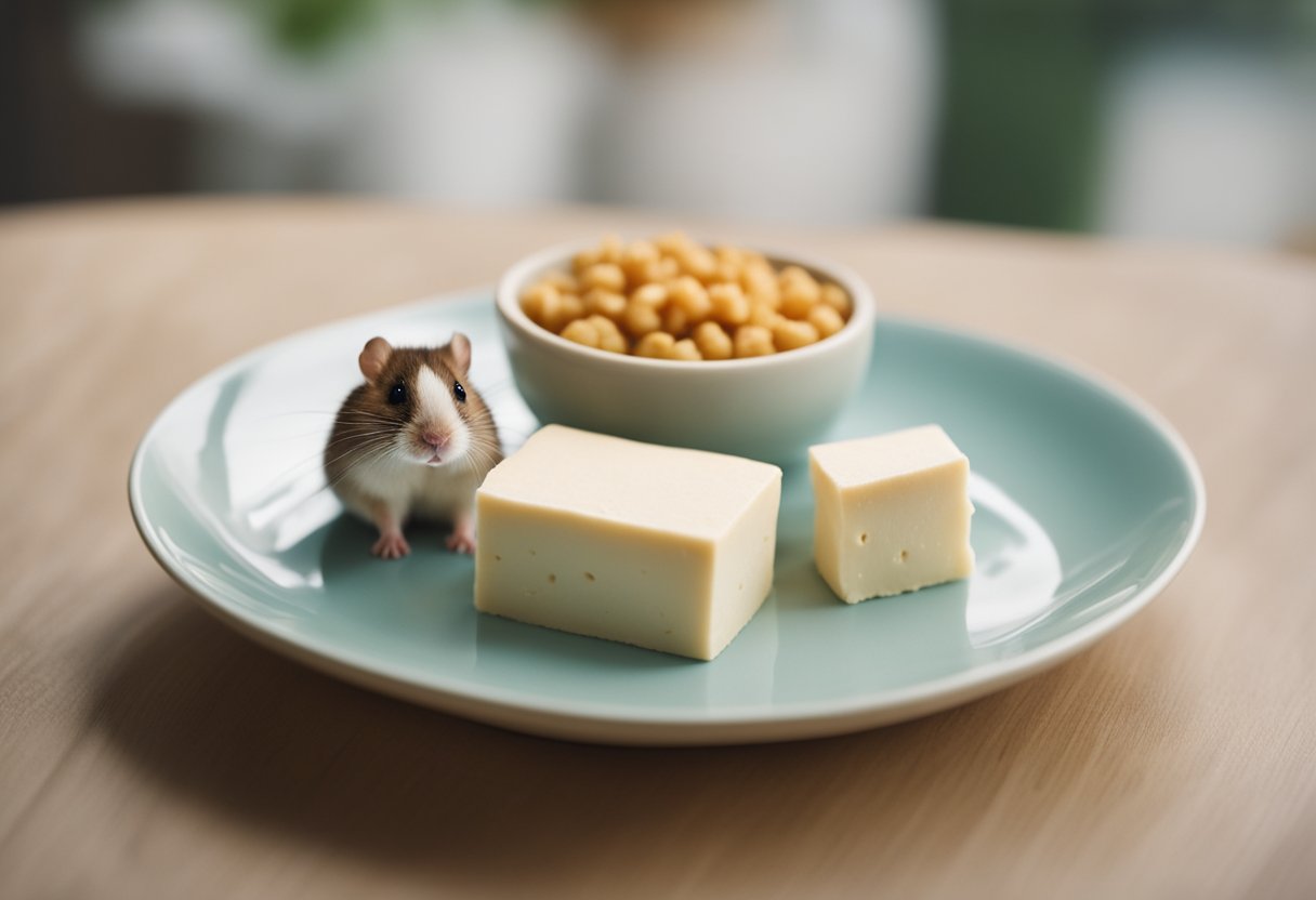 A small dish of tofu sits next to a curious hamster