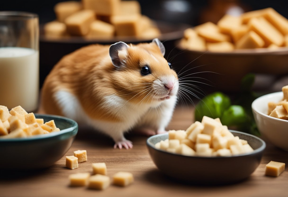 A hamster surrounded by various food items, including tofu, with a curious expression on its face