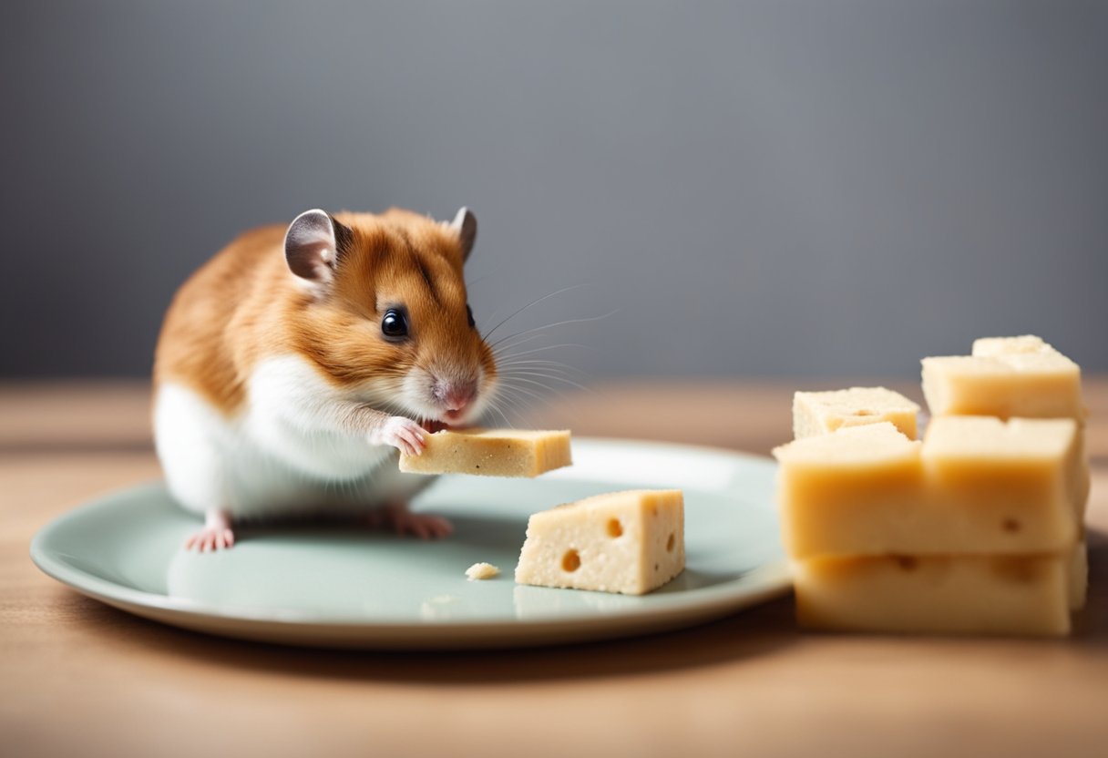 A curious hamster sniffs a small piece of tofu on a plate, while its tiny paws reach out to touch the unfamiliar food