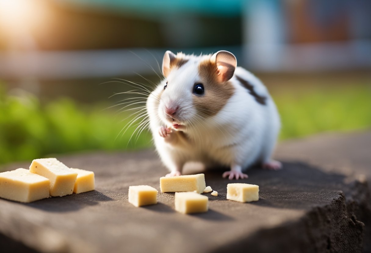 A curious hamster sniffs a small piece of tofu, while a question mark hovers above its head