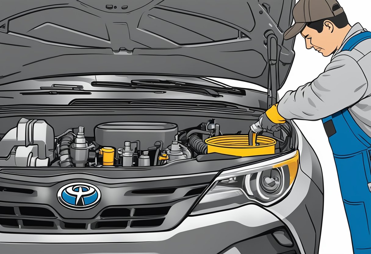 A mechanic pours 5W-30 oil into a Toyota RAV4 engine, following manufacturer's recommendations
