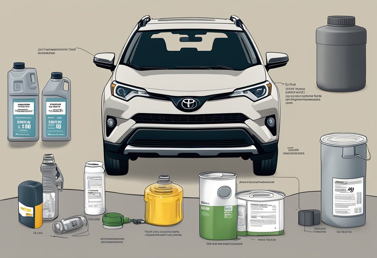 A Toyota RAV4 parked with hood open, oil canister and funnel nearby, and a manual with "Oil Requirements" highlighted