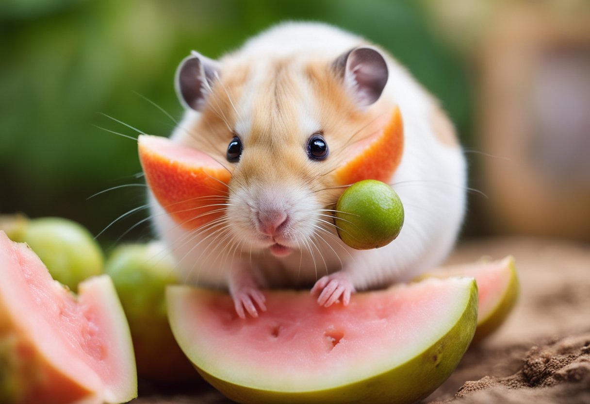 A hamster nibbles on a slice of guava, its tiny paws holding the fruit as it munches away