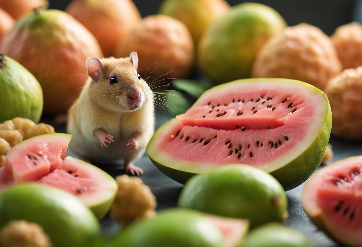 A guava fruit with its nutritional information displayed, surrounded by curious hamsters sniffing and nibbling on the fruit