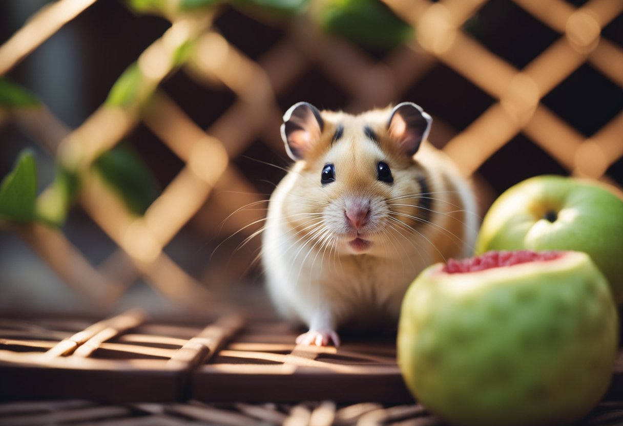 Hamsters nibble on guava in a cozy cage