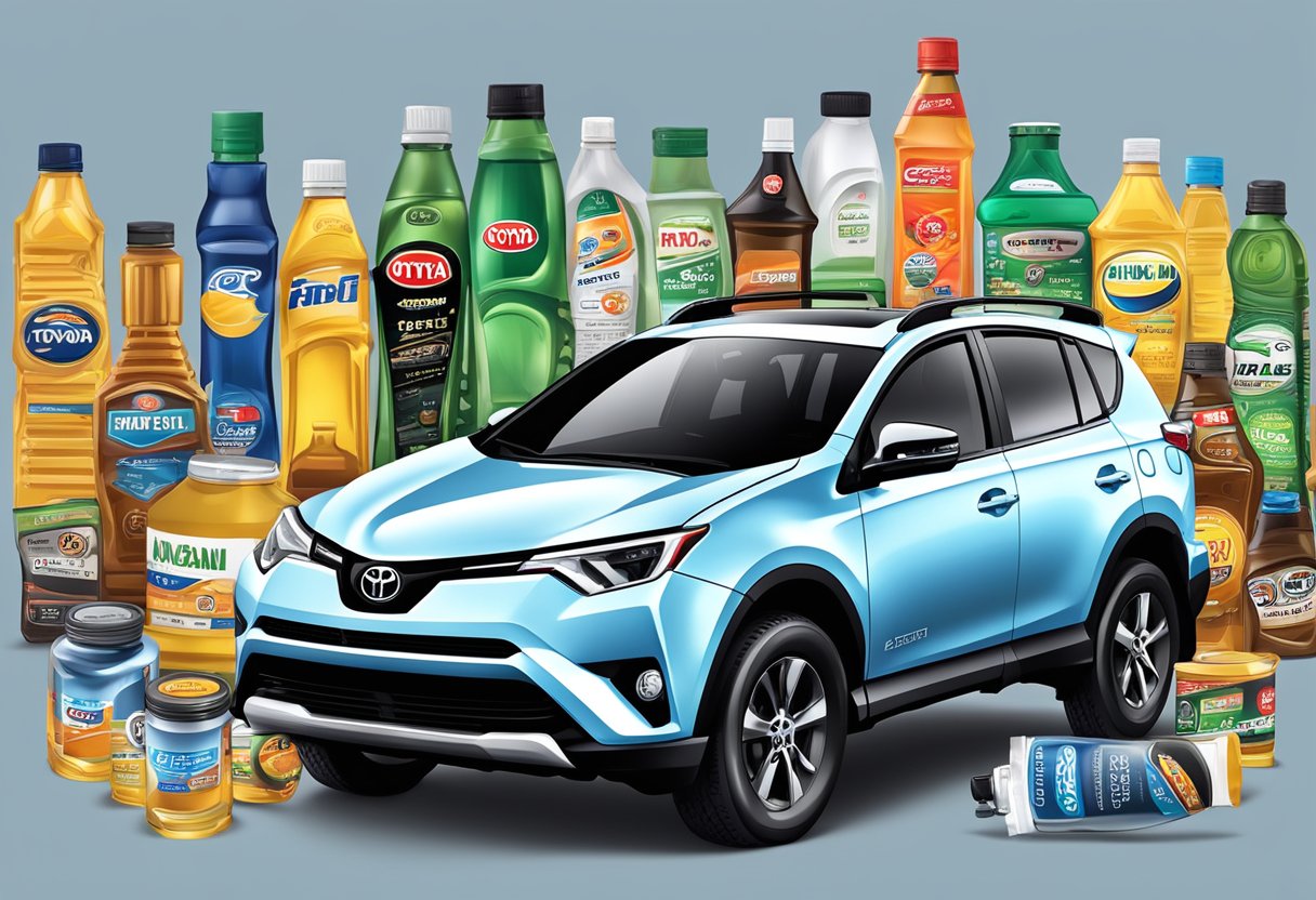 A Toyota RAV4 surrounded by various oil brands and types