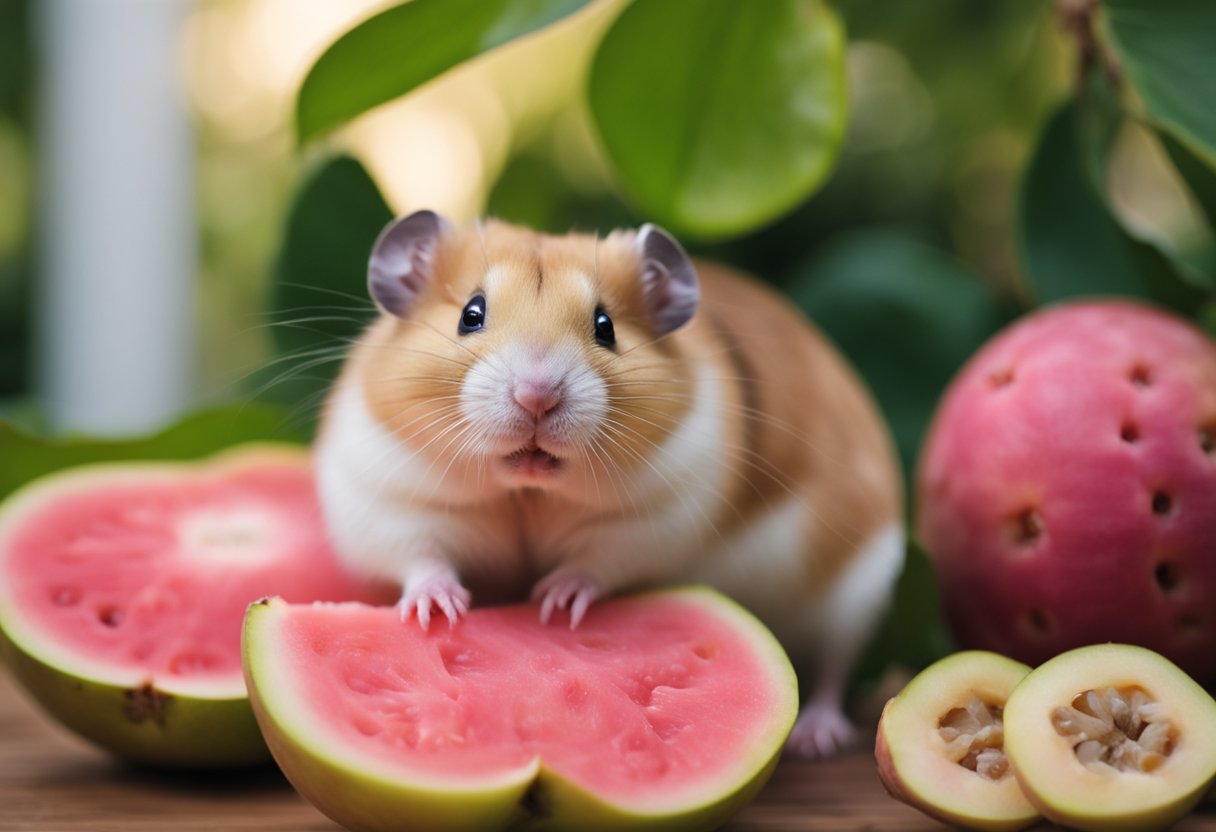 A hamster surrounded by guava fruit, sniffing and nibbling on it